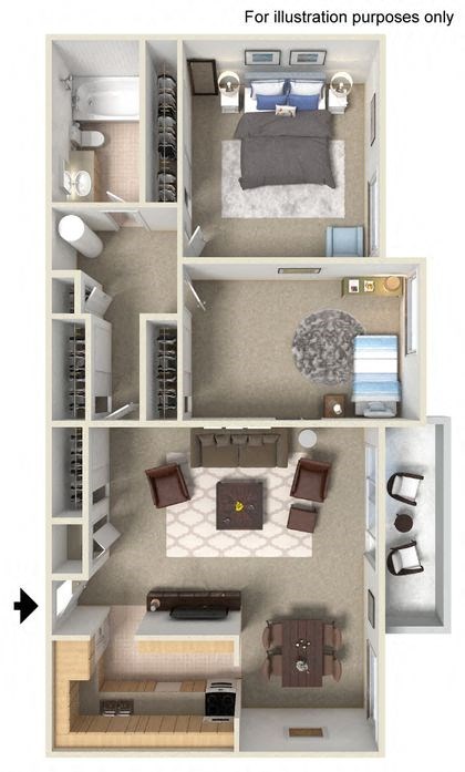 Floor plan for 2 beds, 1 bath, 942 sqft